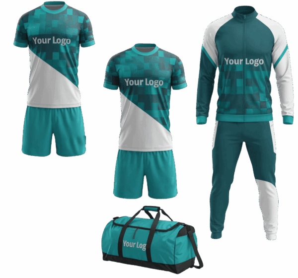 Soccer deal with 2 custom uniforms, track suit, and bag