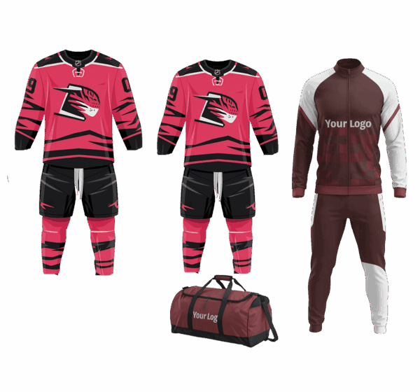 Custom ice hockey team deal with bag, track suit, and uniforms