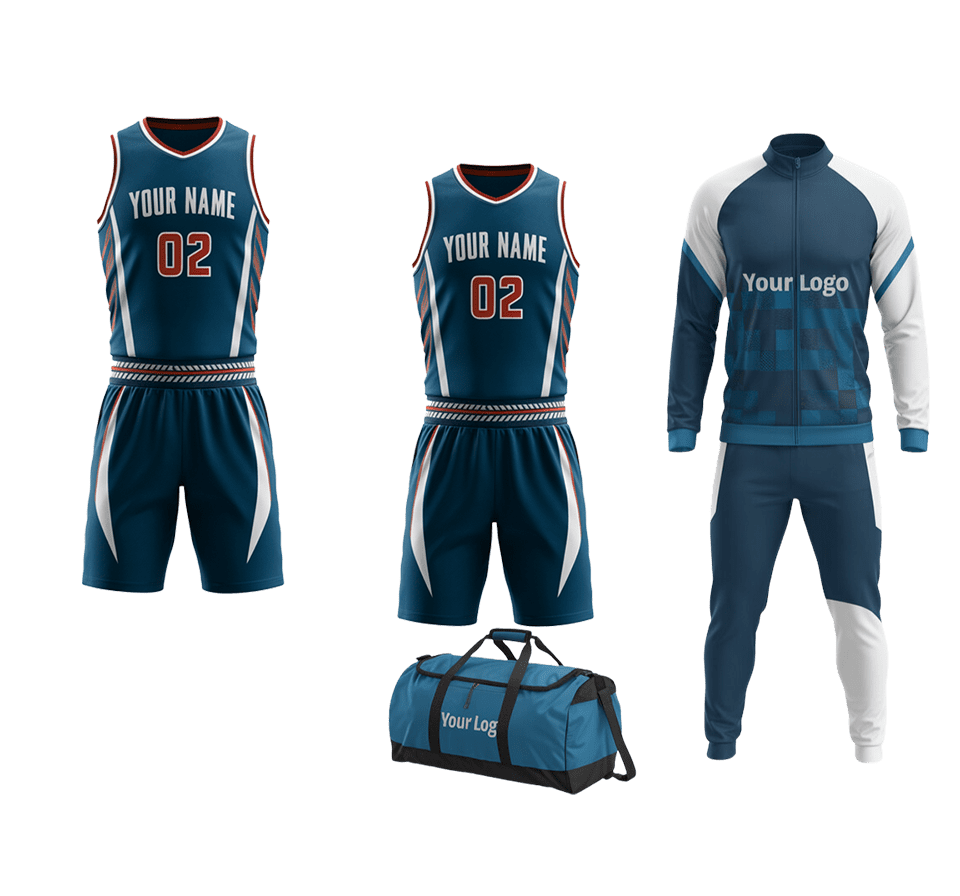 Custom basketball team package with bag, track suit, and uniforms