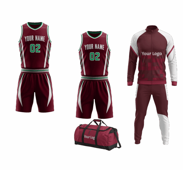 Custom basketball team package with bag, track suit, and uniforms