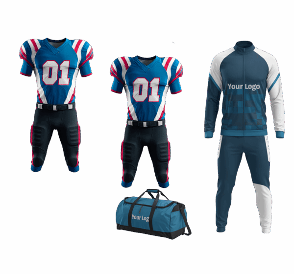 Custom football team package with bag, track suit, and uniforms