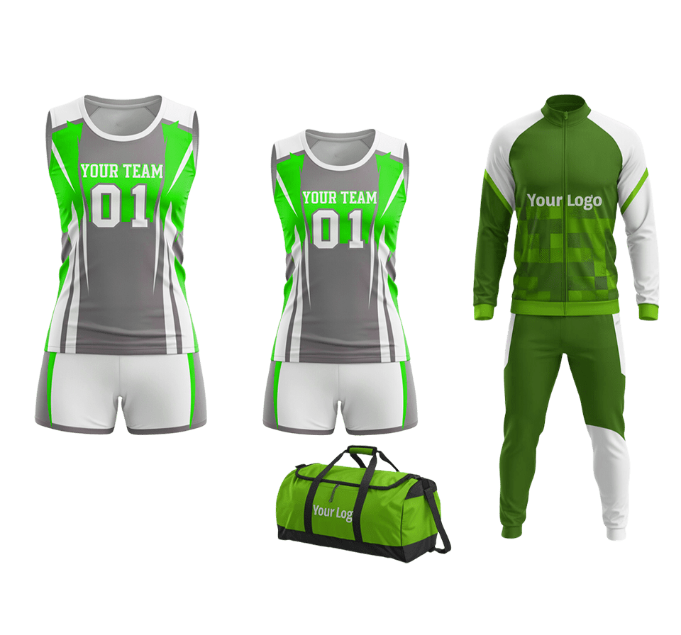 Custom volleyball team package with bag, track suit, and uniforms