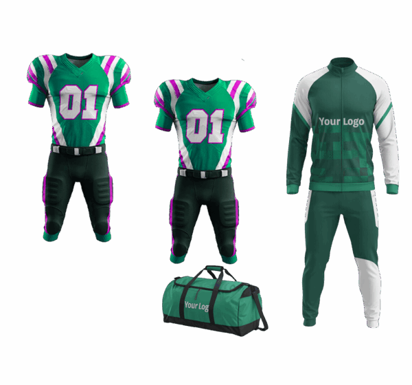 Custom football team package with bag, track suit, and uniforms