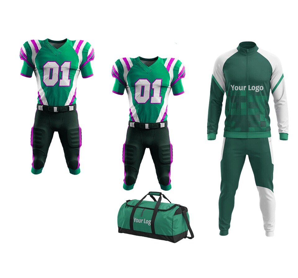 Custom football team package with bag, track suit, and uniforms