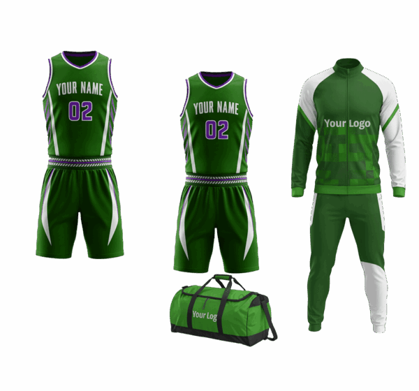 Custom basketball team package with bag, track suit, and uniforms